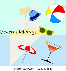 beach umbrella ball sunglasses cocktail hat beach holiday vector background