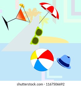beach umbrella ball sunglasses cocktail hat beach holiday vector background