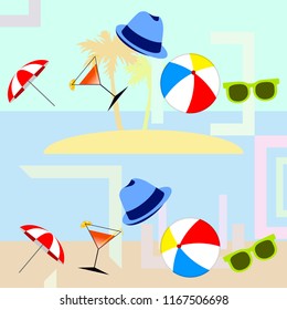 beach umbrella ball sunglasses cocktail hat beach holiday vector background