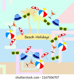 beach umbrella ball sunglasses cocktail hat beach holiday vector background