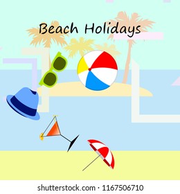 beach umbrella ball sunglasses cocktail hat beach holiday vector background