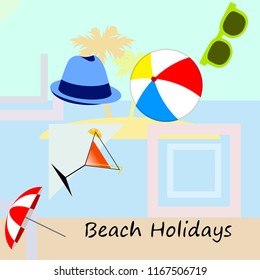 beach umbrella ball sunglasses cocktail hat beach holiday vector background