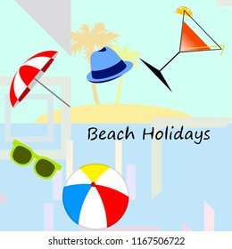 beach umbrella ball sunglasses cocktail hat beach holiday vector background