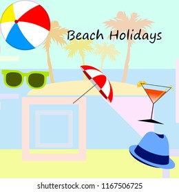 beach umbrella ball sunglasses cocktail hat beach holiday vector background