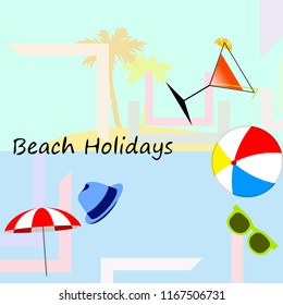 beach umbrella ball sunglasses cocktail hat beach holiday vector background
