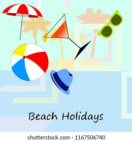 beach umbrella ball sunglasses cocktail hat beach holiday vector background beach umbrella ball sunglasses cocktail hat beach holiday vector background