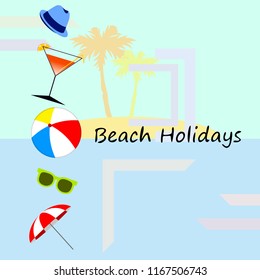 beach umbrella ball sunglasses cocktail hat beach holiday vector background
