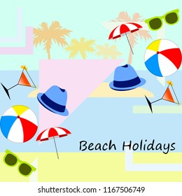 beach umbrella ball sunglasses cocktail hat beach holiday vector background