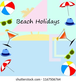 beach umbrella ball sunglasses cocktail hat beach holiday vector background