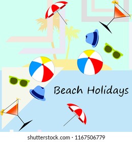 beach umbrella ball sunglasses cocktail hat beach holiday vector background