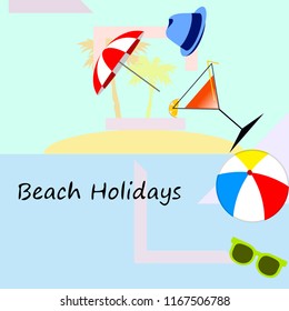 beach umbrella ball sunglasses cocktail hat beach holiday vector background