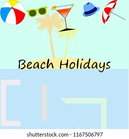 beach umbrella ball sunglasses cocktail hat beach holiday vector background