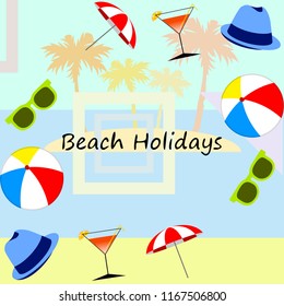 beach umbrella ball sunglasses cocktail hat beach holiday vector background