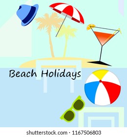beach umbrella ball sunglasses cocktail hat beach holiday vector background