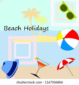 beach umbrella ball sunglasses cocktail hat beach holiday vector background