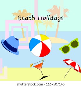 beach umbrella ball sunglasses cocktail hat beach holiday vector background