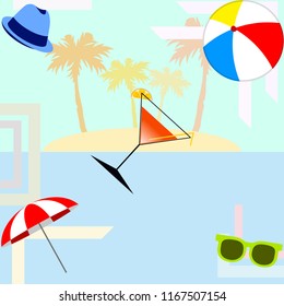 beach umbrella ball sunglasses cocktail hat beach holiday vector background