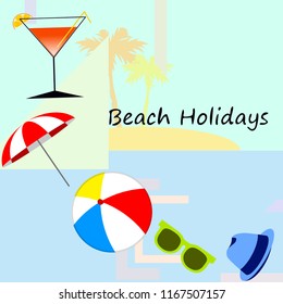 beach umbrella ball sunglasses cocktail hat beach holiday vector background