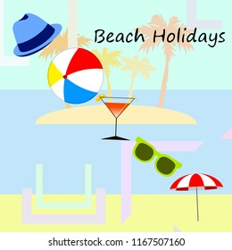 beach umbrella ball sunglasses cocktail hat beach holiday vector background beach umbrella ball sunglasses cocktail hat beach holiday vector background