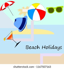 beach umbrella ball sunglasses cocktail hat beach holiday vector background