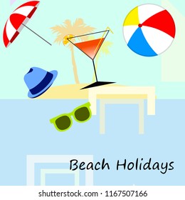beach umbrella ball sunglasses cocktail hat beach holiday vector background