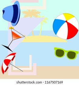 beach umbrella ball sunglasses cocktail hat beach holiday vector background