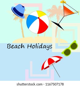 beach umbrella ball sunglasses cocktail hat beach holiday vector background
