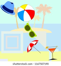 beach umbrella ball sunglasses cocktail hat beach holiday vector background