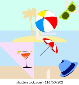 beach umbrella ball sunglasses cocktail hat beach holiday vector background