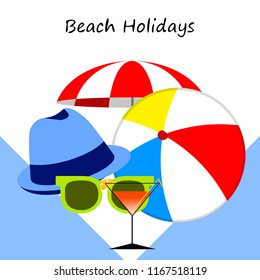 beach umbrella ball sunglasses cocktail hat beach holiday vector background