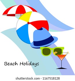 beach umbrella ball sunglasses cocktail hat beach holiday vector background