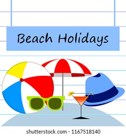 beach umbrella ball sunglasses cocktail hat beach holiday vector background