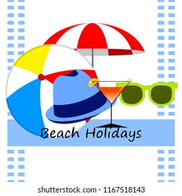 beach umbrella ball sunglasses cocktail hat beach holiday vector background