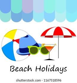 beach umbrella ball sunglasses cocktail hat beach holiday vector background