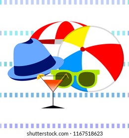 beach umbrella ball sunglasses cocktail hat beach holiday vector background