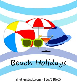 beach umbrella ball sunglasses cocktail hat beach holiday vector background
