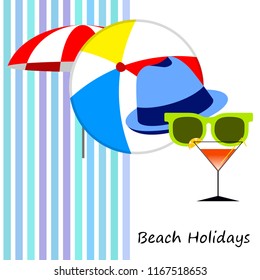 beach umbrella ball sunglasses cocktail hat beach holiday vector background