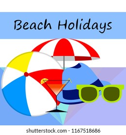 beach umbrella ball sunglasses cocktail hat beach holiday vector background