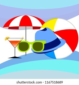 beach umbrella ball sunglasses cocktail hat beach holiday vector background beach umbrella ball sunglasses cocktail hat beach holiday vector background