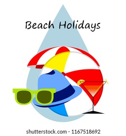 beach umbrella ball sunglasses cocktail hat beach holiday vector background