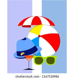 beach umbrella ball sunglasses cocktail hat beach holiday vector background