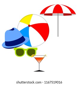 beach umbrella ball sunglasses cocktail hat beach holiday vector background