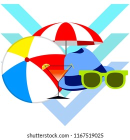 beach umbrella ball sunglasses cocktail hat beach holiday vector background