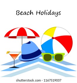 beach umbrella ball sunglasses cocktail hat beach holiday vector background