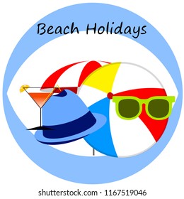 beach umbrella ball sunglasses cocktail hat beach holiday vector background