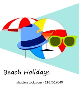 beach umbrella ball sunglasses cocktail hat beach holiday vector background