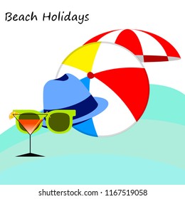 beach umbrella ball sunglasses cocktail hat beach holiday vector background