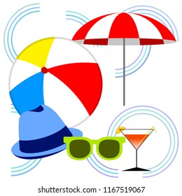 beach umbrella ball sunglasses cocktail hat beach holiday vector background