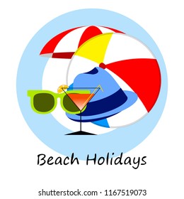 beach umbrella ball sunglasses cocktail hat beach holiday vector background