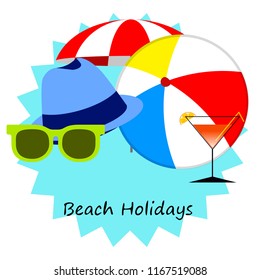 beach umbrella ball sunglasses cocktail hat beach holiday vector background